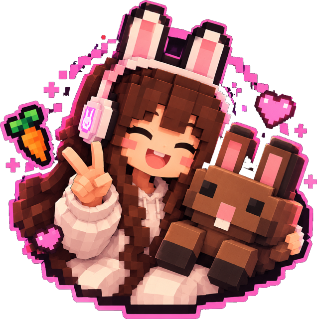 Sticker of a smiling streamer in a bunny-ear headset, hugging a Kuro plush