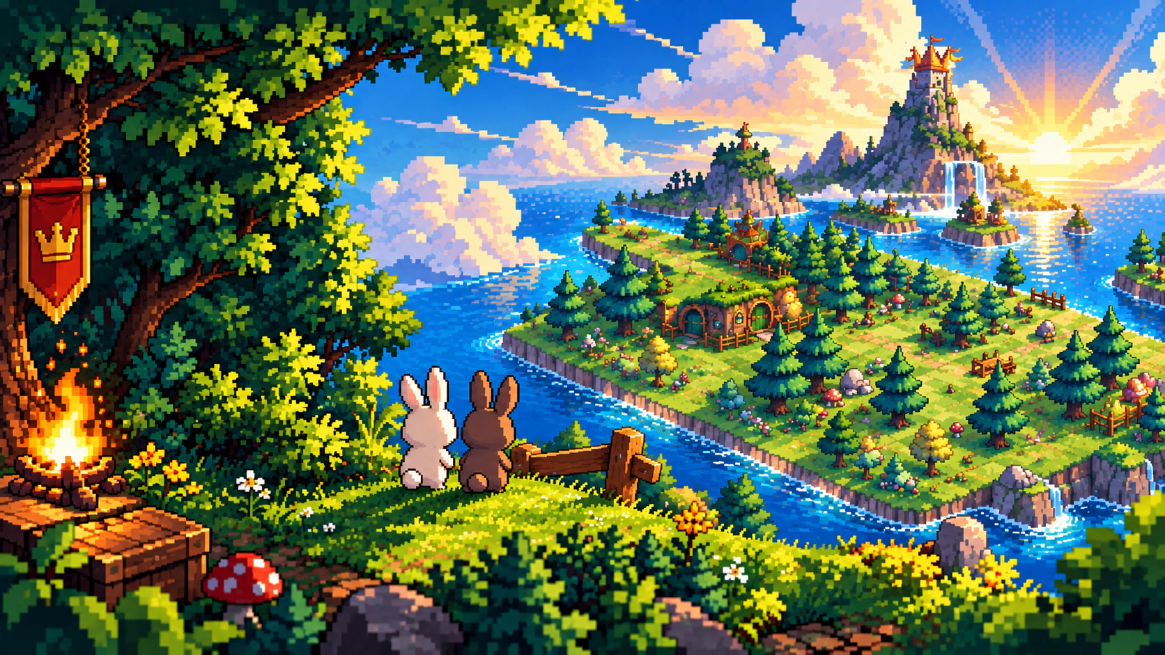Shiro and Kuro look over the Rabbit Royale islands at sunrise